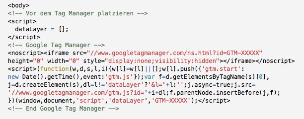 Beispiel zur Initialisierung der dataLayer-Variable und Einbau des Google Tag Managers