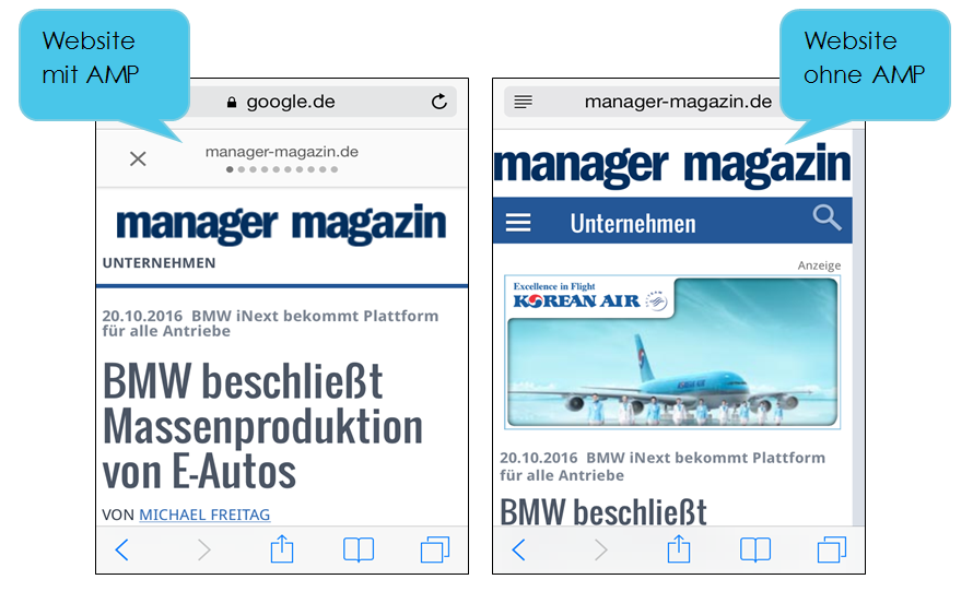 Abbildung 2: Mobile Ansicht mit AMP und ohne AMP