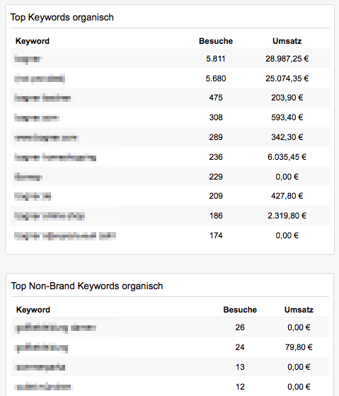 Ansicht der Top SEO Keywords