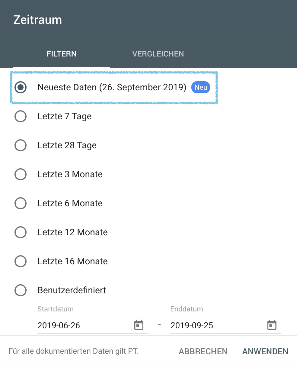 Screenshot aus der Google Search Console zur Auswahl der neuesten Daten