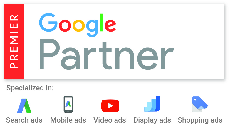 Das Google Premier Partner-Logo zeigt nicht nur, wer zertifizierter Partner ist, sondern ebenfalls auf welche Bereiche sich der jeweilige Partner spezialisiert hat. Die Spezialisierungsmöglichkeiten sind dabei:
- Search Ads
- Mobile Ads
- Video Ads
- Display Ads
- Shopping Ads