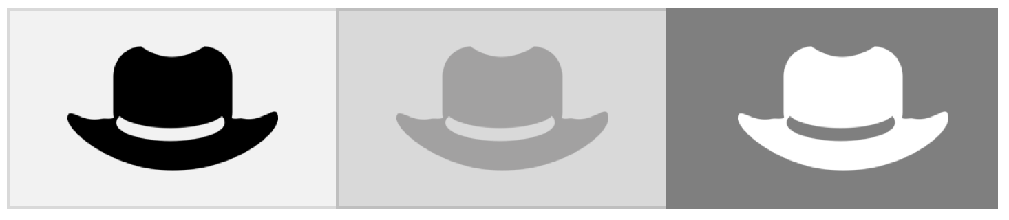 The picture shows schematically Black Hat-, Grey Hat- and White Hat-Linkbuilding. This is represented by a black hat on a light gray background, a gray hat on a medium gray background, and a white hat on a dark gray background.