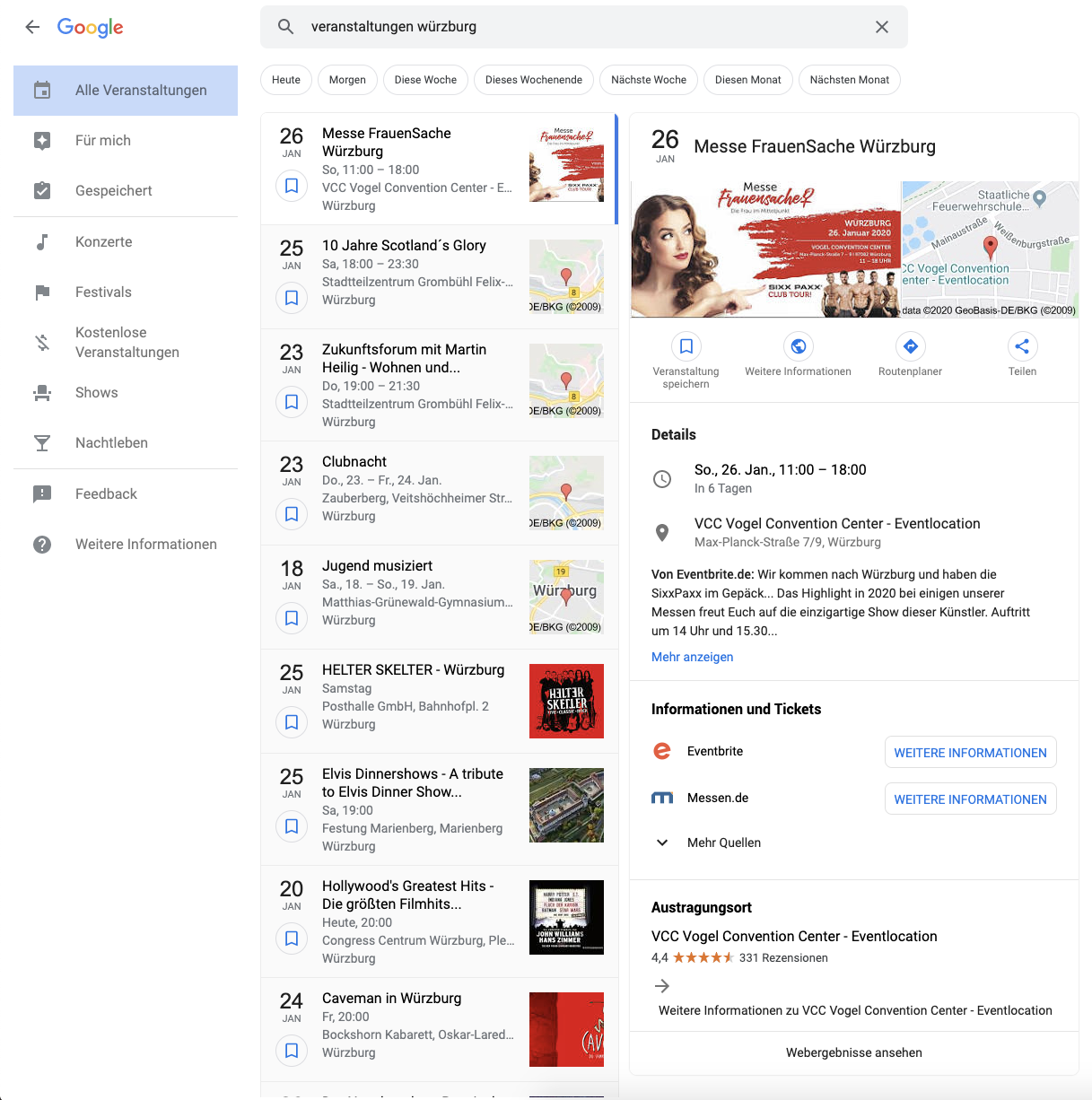 Veranstaltungen in den Suchergebnissen von Google