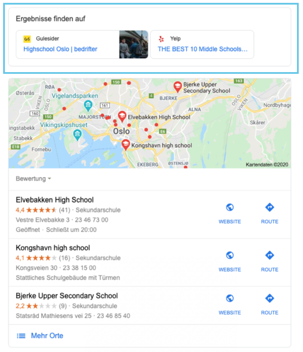 Local SERPs zur Suche "High School Oslo"