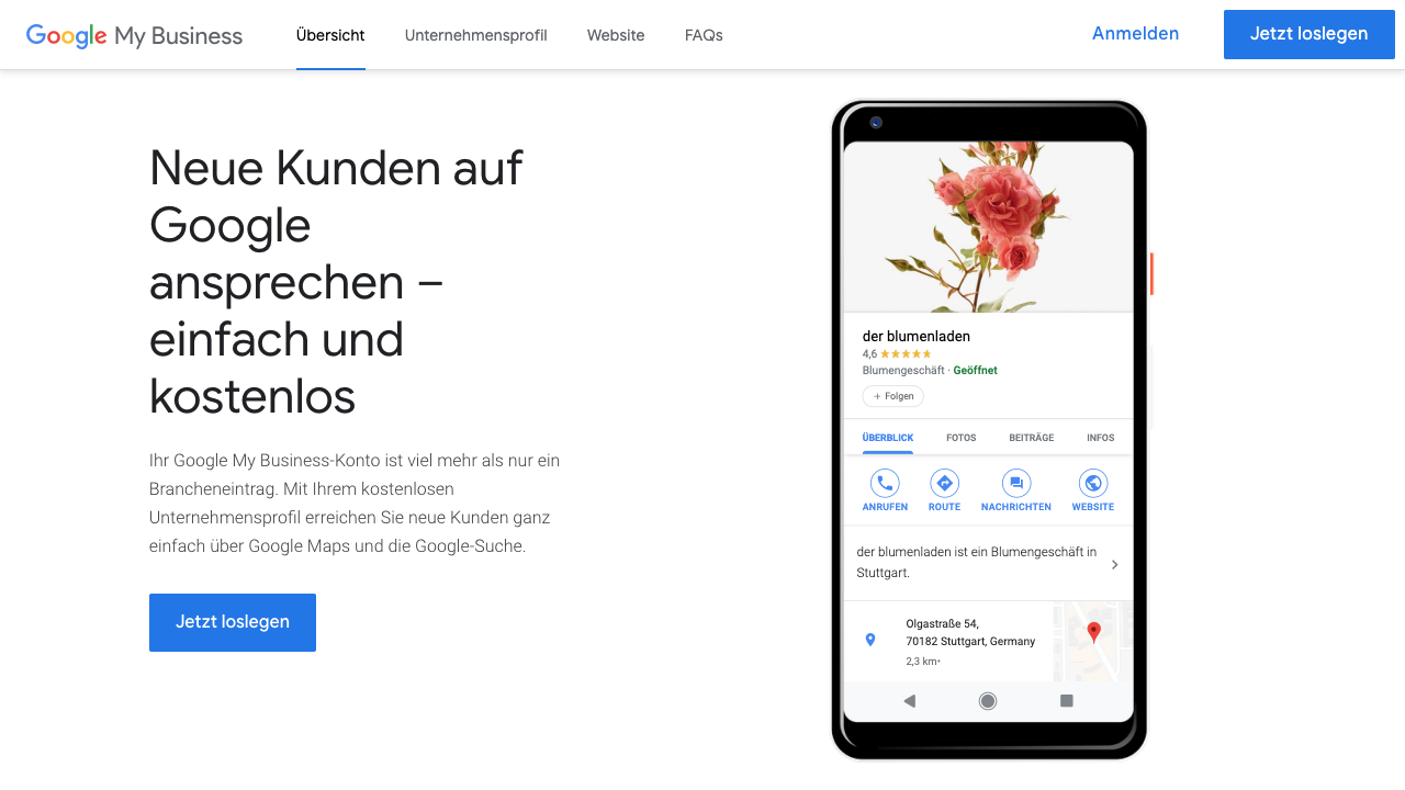 Das Bild zeigt einen Screenshot der Google My Business Startseite. Hier findest Du nicht nur die Möglichkeit Dich anzumelden (rechts oben), sondern kannst ebenfalls auch komplett neu starten. Hierfür findest Du Buttons sowohl rechts oben aus auch in der Mitte des Bildes.