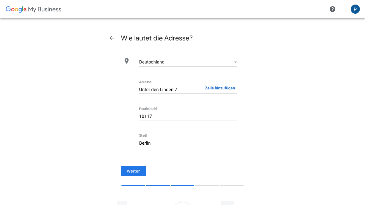 Zu sehen ist ein Screenshot von Google My Business, der den fünften Schritt für das Anlegen eines Profils zeigt: Die Adresse des Unternehmens eingeben.