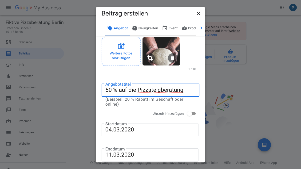 In diesem Screenshot siehst Du, wie ein Beitrag im Google My Business-Konto erstellt werden kann. Hierfür hast Du die verschiedenen Optionen "Angebot", "Neuigkeiten", "Event", "Produkt", etc. Hast Du ausgewählt, welche Form von Beitrag Du veröffentlichen möchtest (hier Angebot), wählst Du Bilder aus, die im Beitrag erscheinen sollen. Außerdem werden Angebotstitel, Start- und Enddatum mit angegeben. Fertig ist der Beitrag!