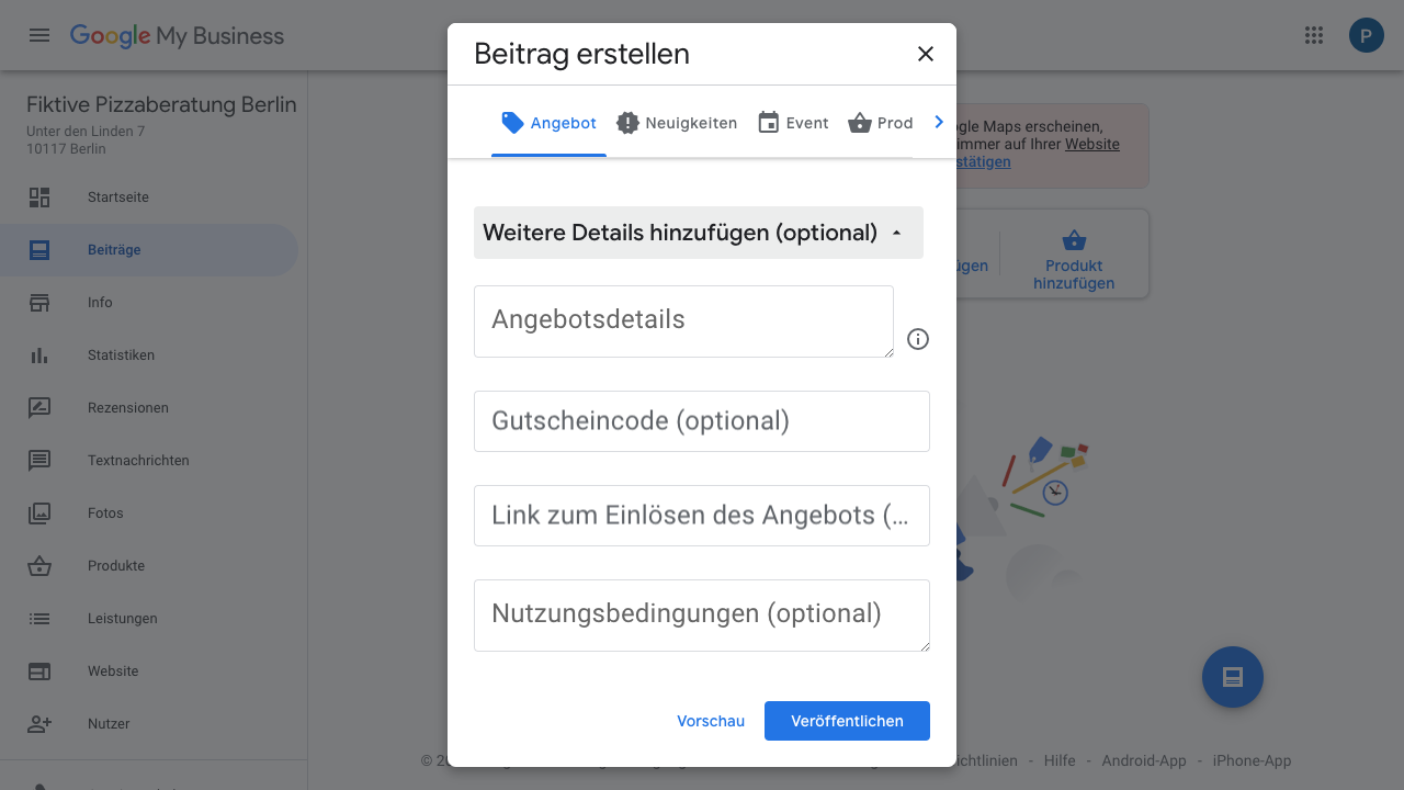 Zusätzlich zu Bildern und Angebotstitel kannst Du in Deinem Google My Business-Account auch weitere Informationen zu Deinem Beitrag hinzufügen. Hier gibt es die Optionen:
- Angebotsdetails
- Gutscheincode (optional)
- Links zum einlösen des Angebots (optional)
- Nutzungsbedingungen (optional)