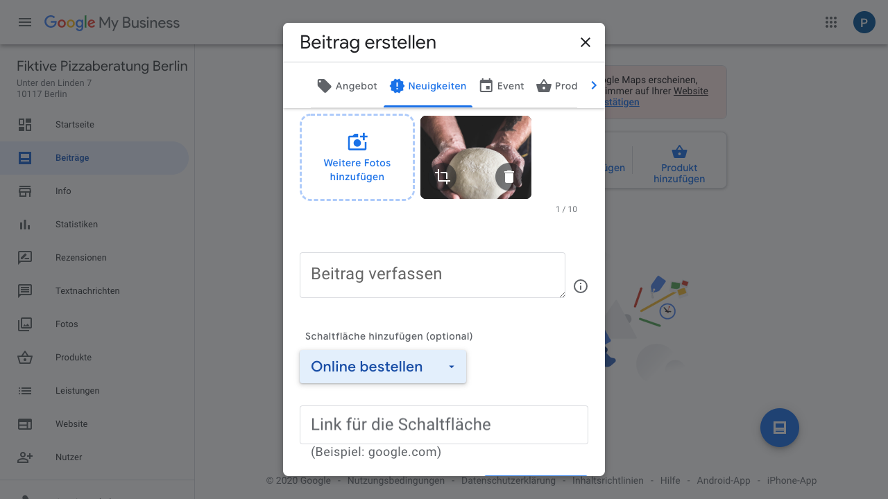 In diesem Screenshot siehst Du, wie ein Beitrag im Google My Business-Konto erstellt werden kann. Hierfür hast Du die verschiedenen Optionen "Angebot", "Neuigkeiten", "Event", "Produkt", etc. Hier ist das Format "Neuigkeiten" ausgewählt. Hier kannst Du zusätzlich zu hochgeladenen Fotos (max. 10 Stück) einen Beitrag verfassen und das Ganze optional mit einem Button versehen. Möchtest Du einen Button verwenden, musst Du einen Link für die Schaltfläche hinzufügen. 