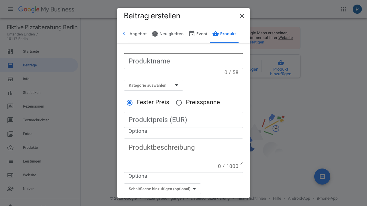 In diesem Screenshot siehst Du, wie ein Beitrag im Google My Business-Konto erstellt werden kann. Hierfür hast Du die verschiedenen Optionen "Angebot", "Neuigkeiten", "Event", "Produkt", etc. Hier ist das Format "Produkt" ausgewählt.
Möchtest Du einen Beitrag zu einem bestimmten Produkt hochladen, kannst Du folgende Informationen hinterlegen:
- Produktname (max. 58 Zeichen)
- Produktkategorie
- Fester Preis oder Preisspanne
- Produktpreis
- Produktbeschreibung
- Schaltfläche/Button, die Du gezielt als Call to Action einsetzen kannst