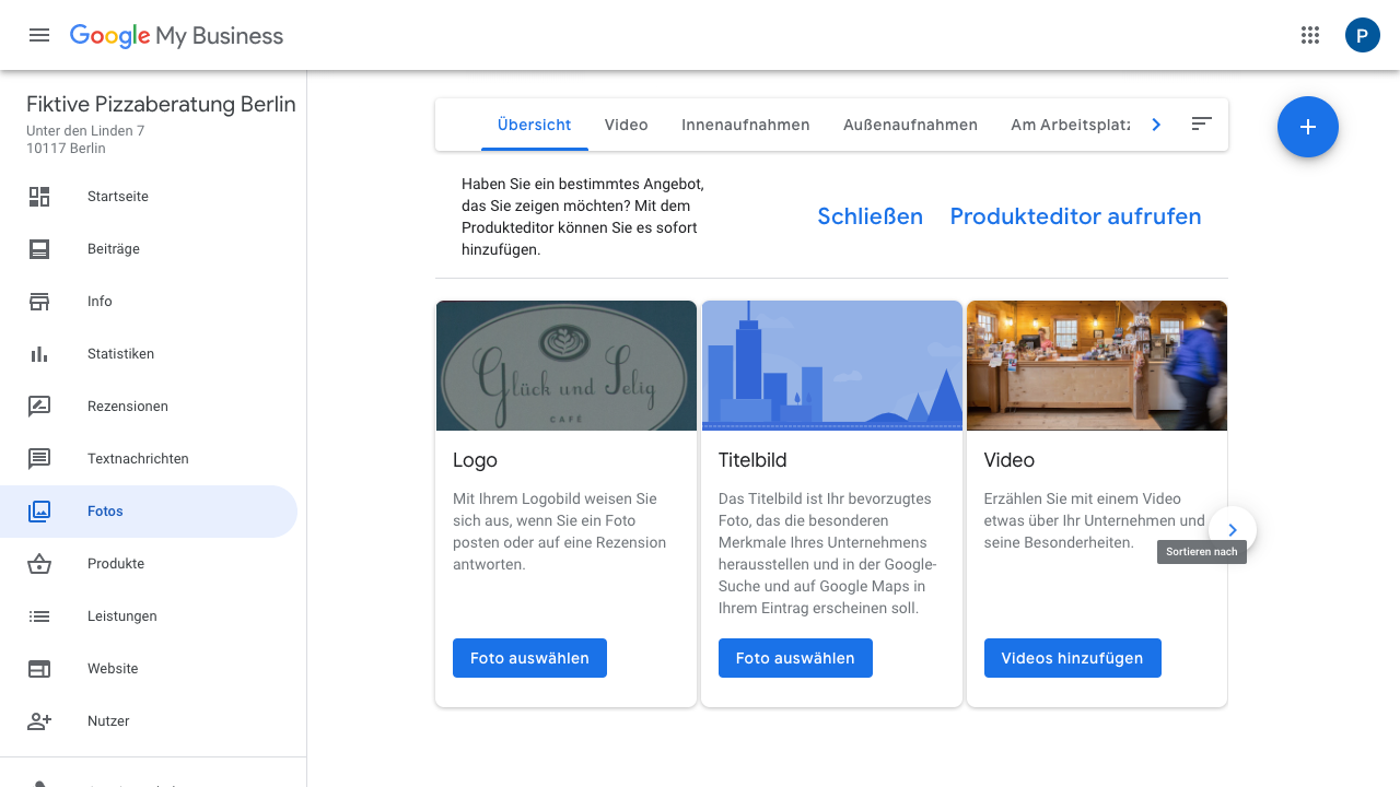 Der Screenshot zeigt Einblicke in das Google My Business Dashboard. Hier findest Du verschiedene Reiter wie:
- Startseite
- Beiträge
- Info
- Statistiken
- Rezensionen
- Textnachrichten
- Fotos
- Produkte
- Leistungen
- Website
- Nutzer
- uvm.
Im Reiter "Fotos" hast Du die Möglichkeit verschiedene Bilder und Videos hochzuladen. Wichtig für Deinen Google My Business-Eintrag sind hierbei ein Logo und ein Titelbild. Außerdem kannst Du die Fotos unterschiedlichen Kategorien zuordnen. Hierzu gehören:
- Innenaufnahmen
- Außenaufnahmen
- Am Arbeitsplatz
- uvm.