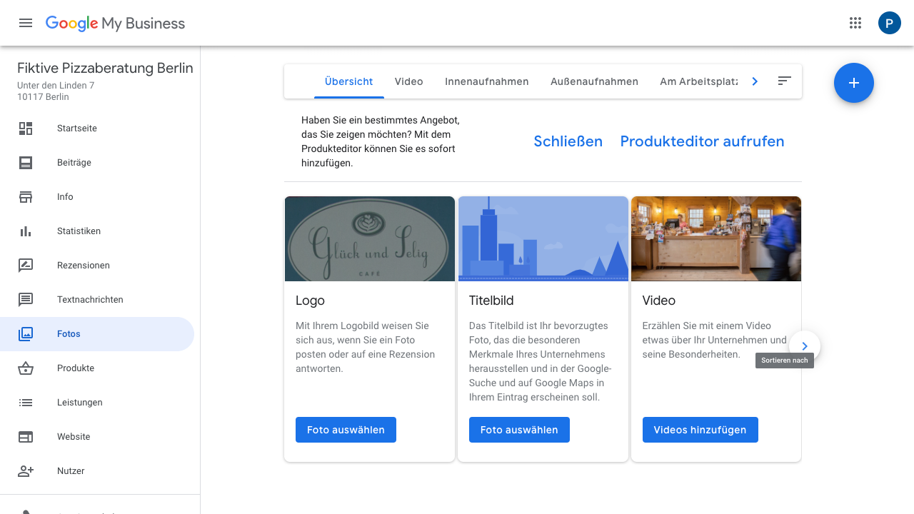 Der Screenshot zeigt Einblicke in das Google My Business Dashboard. Hier findest Du verschiedene Reiter wie:
- Startseite
- Beiträge
- Info
- Statistiken
- Rezensionen
- Textnachrichten
- Fotos
- Produkte
- Leistungen
- Website
- Nutzer
- uvm.  Im Reiter "Fotos" hast Du die Möglichkeit verschiedene Bilder und Videos hochzuladen. Wichtig für Deinen Google My Business-Eintrag sind hierbei ein Logo und ein Titelbild. Außerdem kannst Du die Fotos unterschiedlichen Kategorien zuordnen. Hierzu gehören:
- Innenaufnahmen
- Außenaufnahmen
- Am Arbeitsplatz
- uvm.