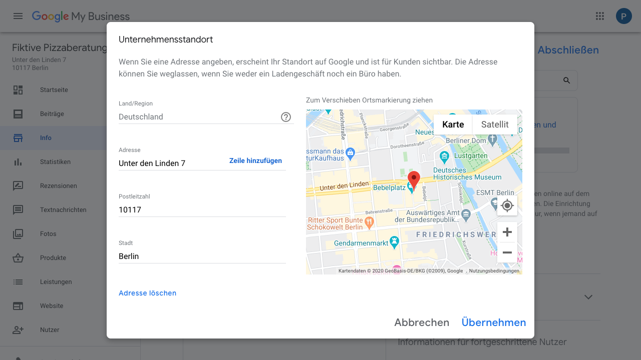 Der Screenshot zeigt Einblicke in den Reiter "Info" im Google My Business-Konto. In diesem Bereich kannst Du unter anderem den Unternehmensstandort anpassen.