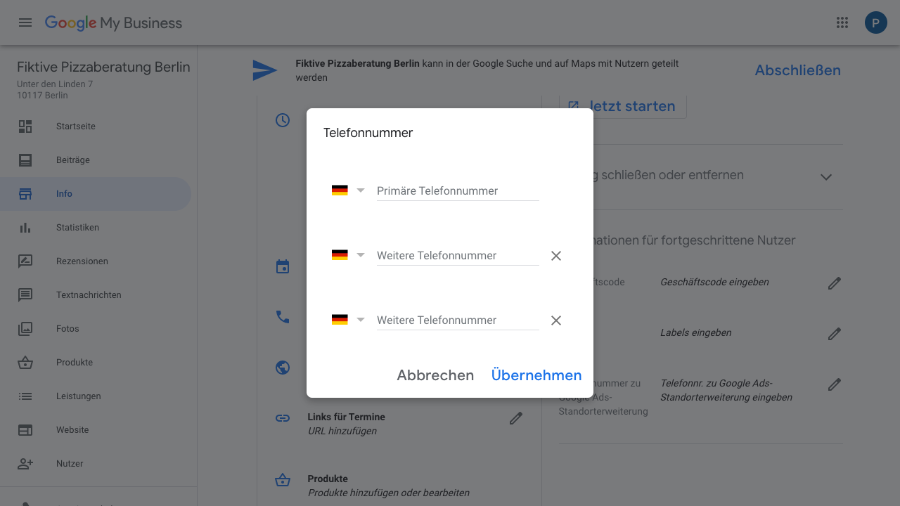 Der Screenshot zeigt Einblicke in den Reiter "Info" im Google My Business-Konto. In diesem hast Du die Möglichkeit Telefonnummern zu hinterlegen. 