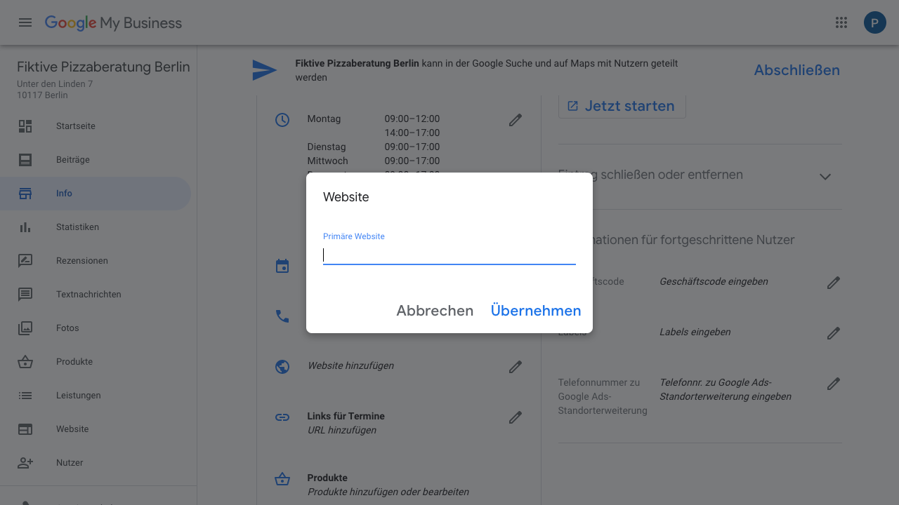 Der Screenshot zeigt Einblicke in den Reiter "Info" im Google My Business-Konto. In diesem hast Du die Möglichkeit Deine Website-URL zu hinterlegen. 