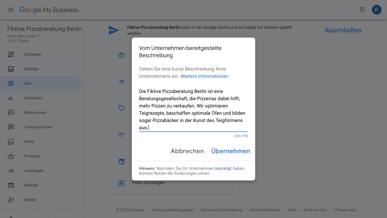 Der Screenshot zeigt Einblicke in den Reiter "Info" im Google My Business-Konto. Hier hast Du die Möglichkeit Dein Unternehmen in 750 Zeichen zu beschrieben. 