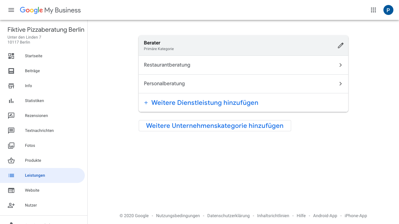 Der Screenshot zeigt Einblicke in das Google My Business Dashboard. Hier findest Du verschiedene Reiter wie:
- Startseite
- Beiträge
- Info
- Statistiken
- Rezensionen
- Textnachrichten
- Fotos
- Produkte
- Leistungen
- Website
- Nutzer
- uvm.
Im Reiter "Leistungen" hast Du die Möglichkeit Deine Dienstleistungen in Deinem Profil einzugliedern.