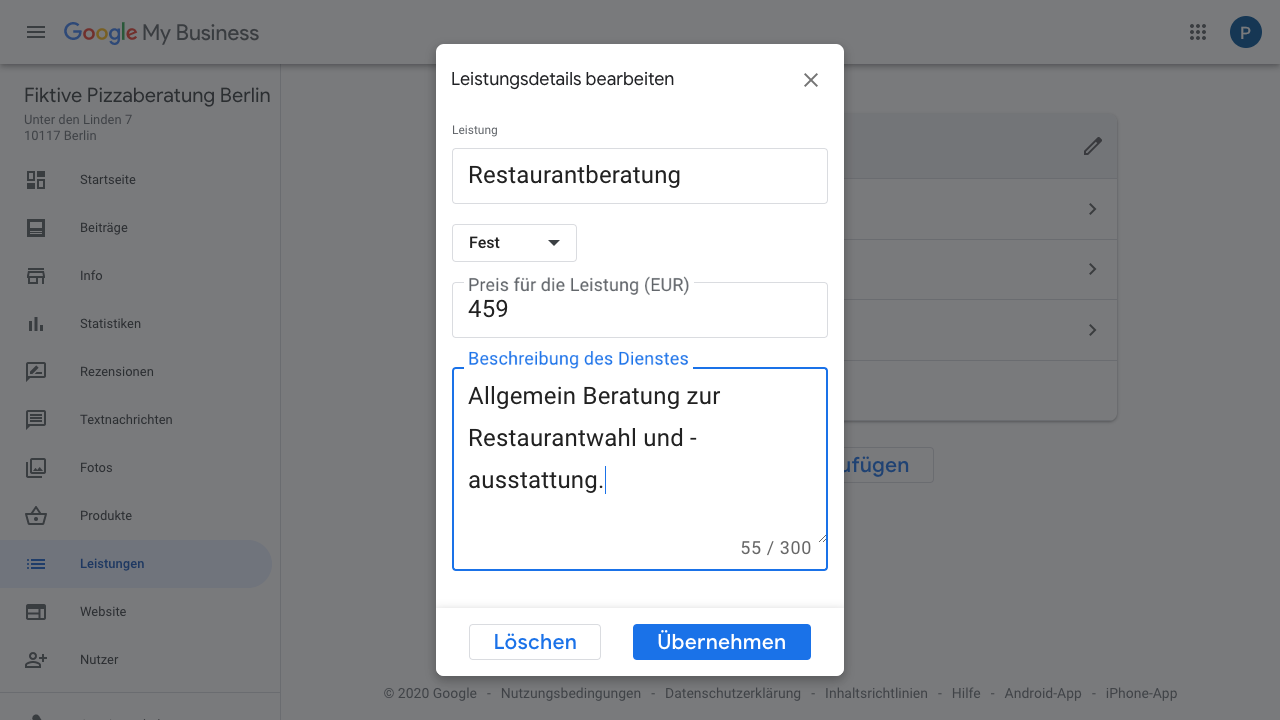 Der Screenshot zeigt einen Ausschnitt des Google My Business-Kontos. Hierbei befinden wir uns im Bereich "Leistungen" und haben bereits eine Leistung angelegt. Im Screenshot bekommst Du einen Einblick, wie Du Leistungsdetails einfügst. Hierzu gehören neben einer Benennung der Leistung selbst auch ein Preis und eine Beschreibung des Dienstes.