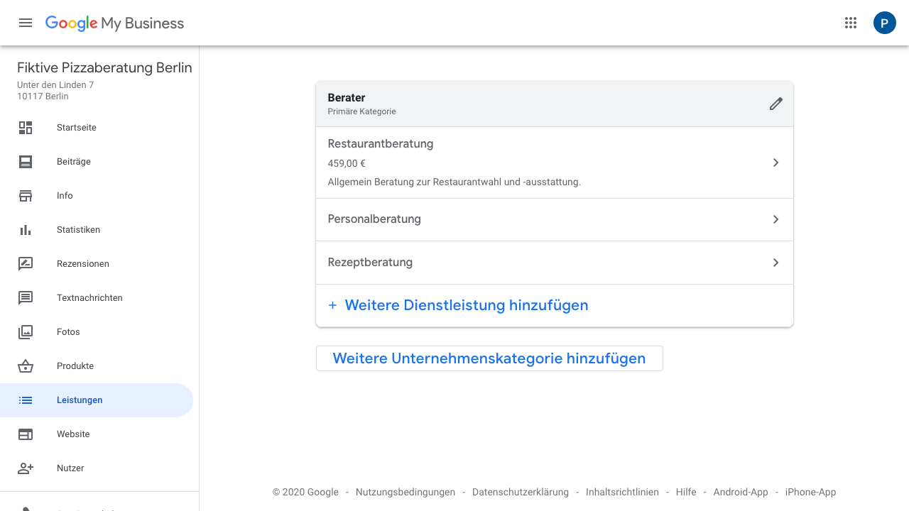 Der Screenshot zeigt eine fertig erstellte Leistung im Google My Business-Account. Hierbei kannst Du weitere Dienstleistungen oder Unternehmenskategorien hinzufügen. Außerdem siehst Du hier bereits angelegte Leistungen mit (falls vorhanden) Leistungsdetails.