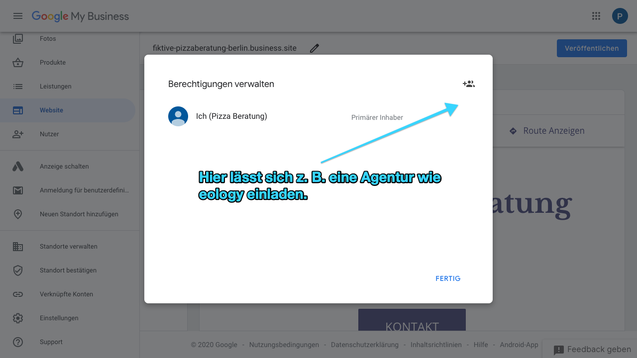 Im Screenshot siehst Du die Funktion "Berechtigungen verwalten". Hier kannst Du weitere Nutzer einladen, die Dein Google My Business-Konto bearbeiten und verwalten können. Das ist beispielsweise dann interessant, wenn sich Agenturen um Deinen GMB-Account kümmern.