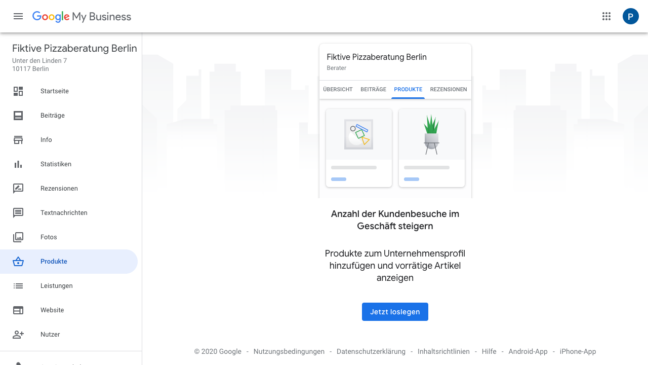 Der Screenshot zeigt Einblicke in das Google My Business Dashboard. Hier findest Du verschiedene Reiter wie:
- Startseite
- Beiträge
- Info
- Statistiken
- Rezensionen
- Textnachrichten
- Fotos
- Produkte
- Leistungen
- Website
- Nutzer
- uvm.  Im Reiter "Produkte" kannst Du verschiedene Produkte zu Deinem Unternehmensprofil hinzufügen und anzeigen lassen, wie viele Artikel davon noch vorrätig sind.