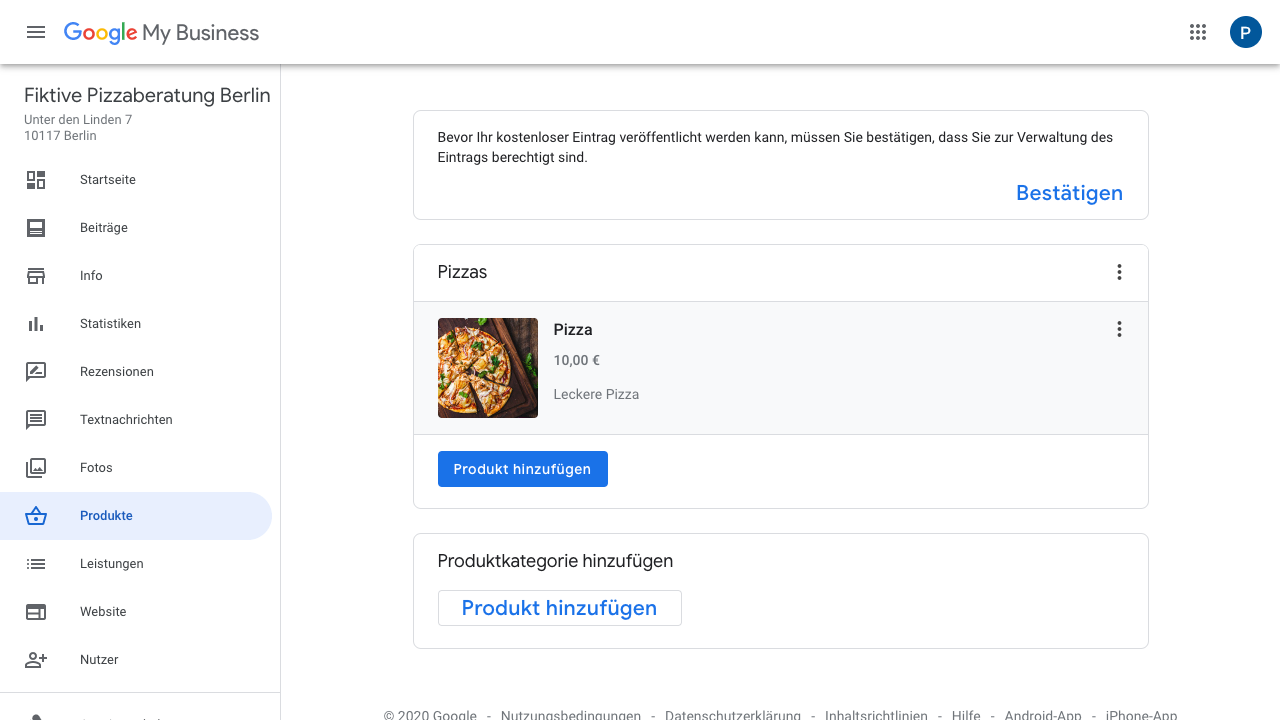 Der Screenshot zeigt einen Ausschnitt des Google My Business Accounts. Hierbei befinden wir uns im Reiter "Produkte" und sehen eine Übersicht aller bereits angelegten Produkte (hier Pizza). Über den Button "Produkt hinzufügen" kannst Du weitere Artikel zu Deinem Google My Business Account hinzufügen.