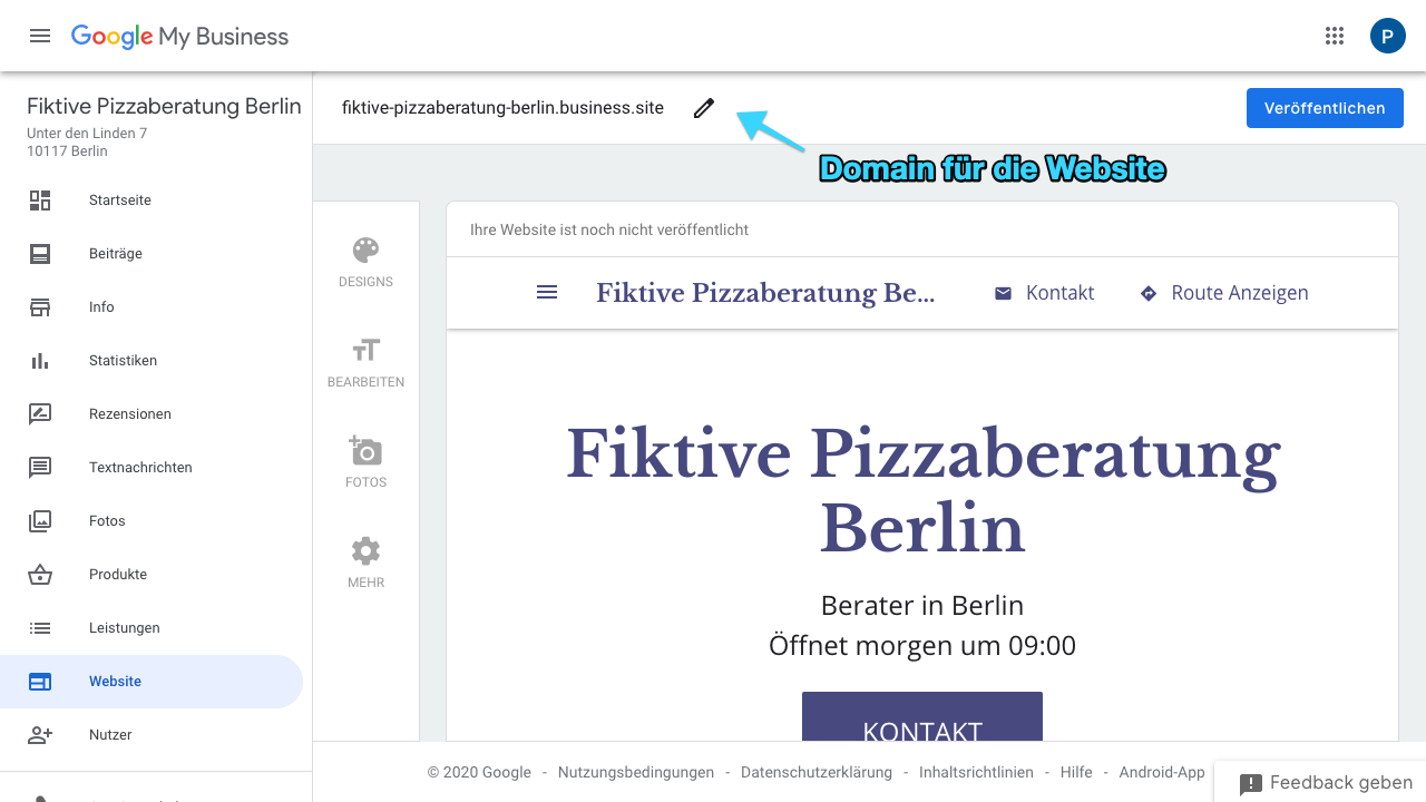 Der Screenshot zeigt Einblicke in das Google My Business Dashboard. Hier findest Du verschiedene Reiter wie:
- Startseite
- Beiträge
- Info
- Statistiken
- Rezensionen
- Textnachrichten
- Fotos
- Produkte
- Leistungen
- Website
- Nutzer
- uvm.
Über den Reiter "Website" kannst Du für Deine Seite eine Website anlegen, sofern Du noch keine besitzt. Im Screenshot siehst Du deshalb einen Prototypen einer Website. Über den Stift, welcher sich oben mittig befindet, kannst Du die Domain für Deine Website festlegen.