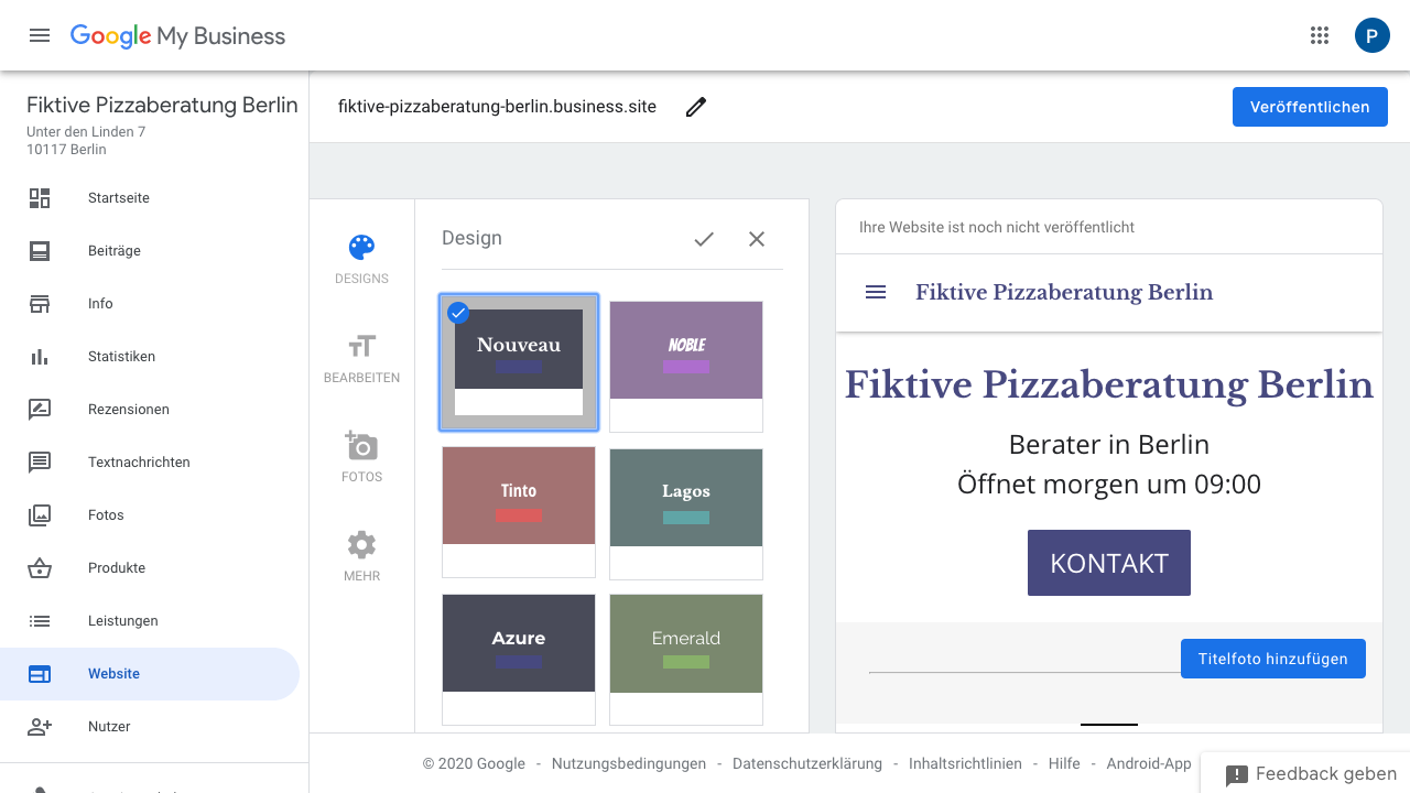 Der Screenshot zeigt Einblicke in das Google My Business Dashboard. Hier findest Du verschiedene Reiter wie:
- Startseite
- Beiträge
- Info
- Statistiken
- Rezensionen
- Textnachrichten
- Fotos
- Produkte
- Leistungen
- Website
- Nutzer
- uvm.
Über den Reiter "Website" kannst Du für Deine Seite eine Website anlegen, sofern Du noch keine besitzt. Im Screenshot siehst Du deshalb einen Prototypen einer Website. Neben diesem befinden sich verschiedene Design-Möglichkeiten, die Dir bei der Gestaltung Deiner Website helfen können.
