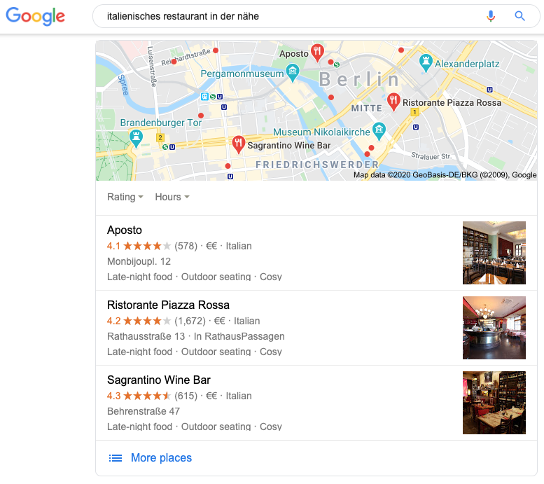 Der Screenshot zeigt einen Auszug aus Google, auf dem auf die Suchanfrage "italienisches restaurant in der nähe" Google Maps und verschiedene Google Places angezeigt werden. Diese zeigen dabei drei verschiedene italienische Restaurants, die sich in der Nähe des Nutzers befinden – in diesem Fall in Berlin.