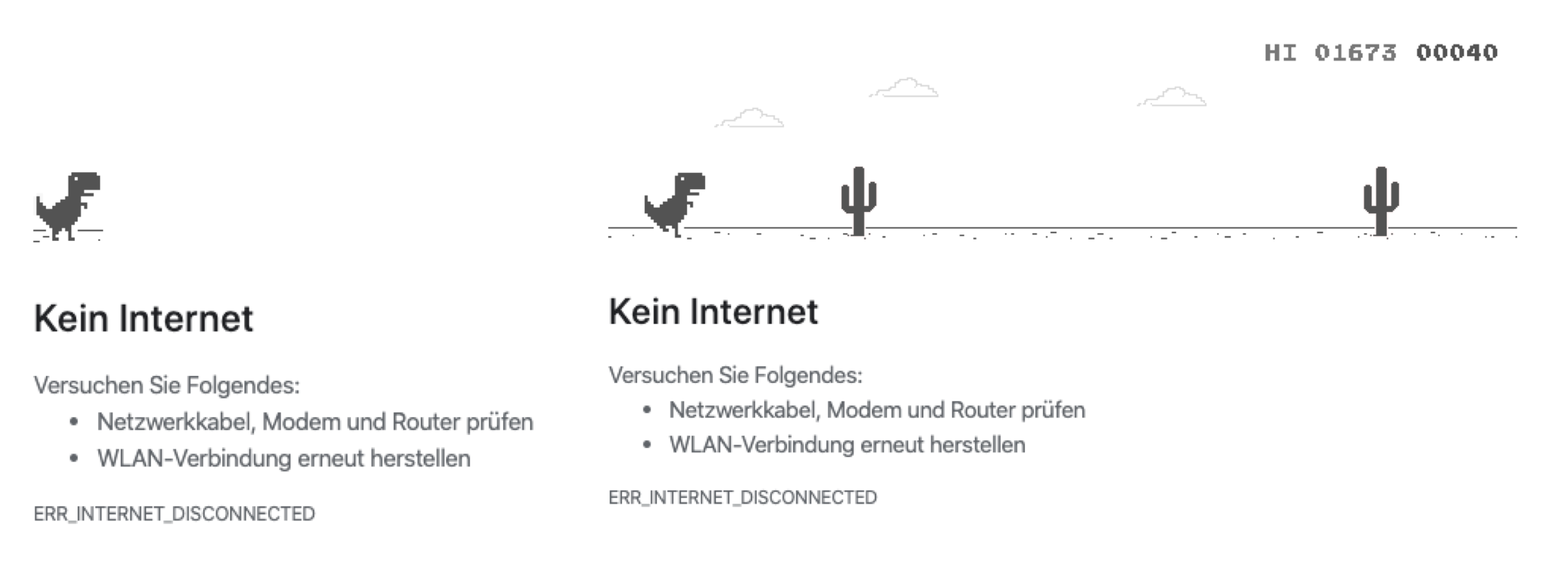 Das Bild zeigt einen Screenshot des Google Chrome Jump & Run-Spiels, das gestartet wird, wenn der Browser keine Internetverbindung aufbauen kann. Mithilfe der Leertaste startet man das Jump & Run-Spiel - der T-Rex setzt sich in Bewegung und muss verschiedenen Hindernissen ausweichen.