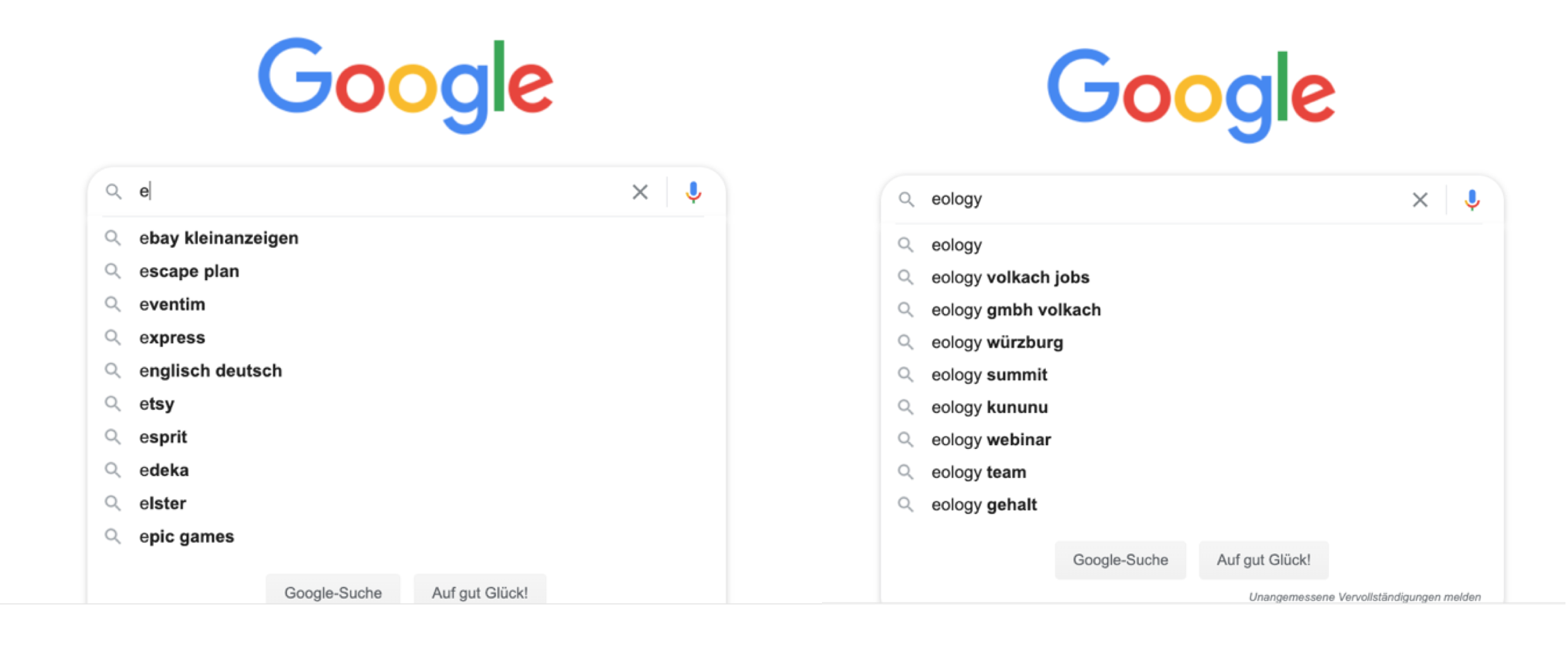 Google Suggests suggestions for the letter "E" and the keyword "eology