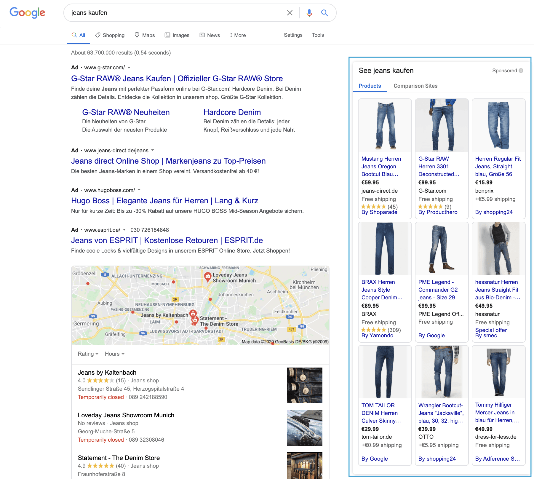 Die Google Shopping Anzeigen werden unter anderem in der rechten Spalte ausgespielt. Für die Suchanfrage "Jeans kaufen" werden in der rechten Spalte Google Shopping Anzeigen ausgespielt.