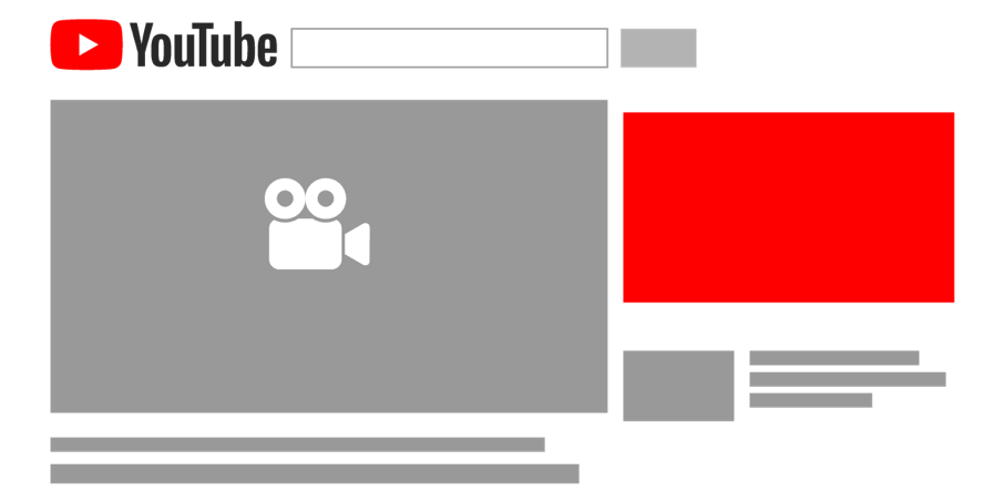 The graphic shows a schematic placement of a Video Discovery ad. This is played before playback in the bar next to videos, in YouTube search results, on the search and playback page of the YouTube mobile homepage, or on the YouTube app homepage.