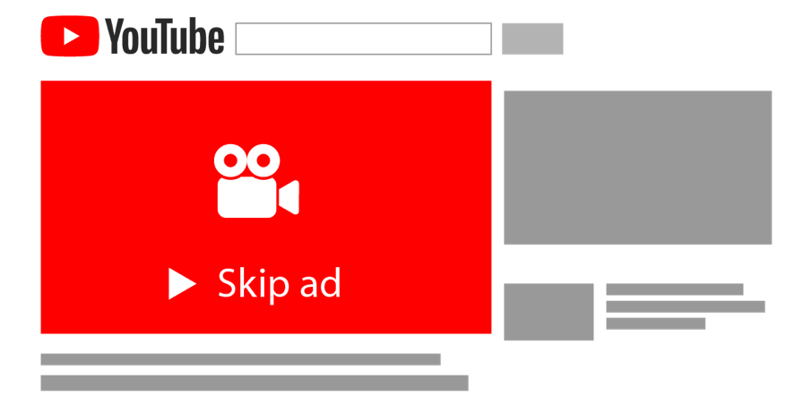 The graphic shows a schematic placement of a skippable in-stream ad. This is displayed before the video is played and can be skipped after 5 seconds.