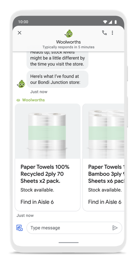 Antwort auf eine Google Message mit dem Produktkarussell, © Google