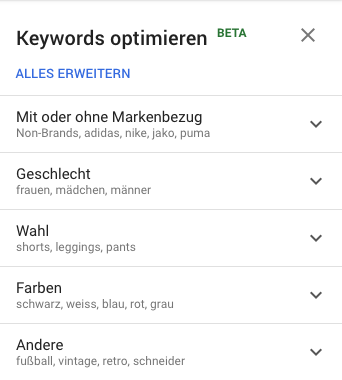 Auszug der möglichen Filter-Optionen zum Keyword „Sporthose“