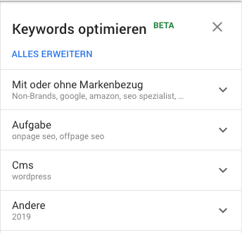 Auszug der möglichen Filter-Optionen zum Keyword „Suchmaschinenoptimierung“