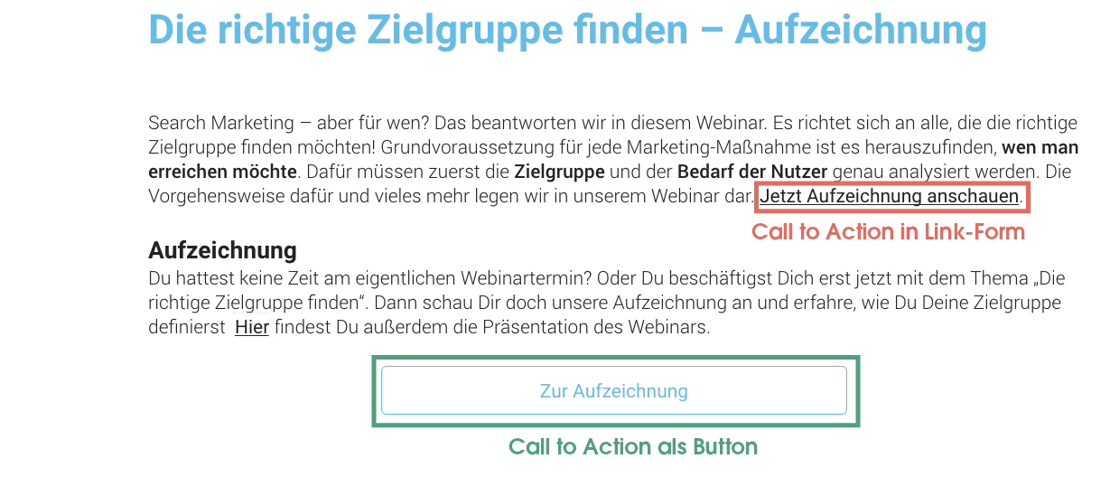 Darstellung eines Call to Action in Link-Form und als Button