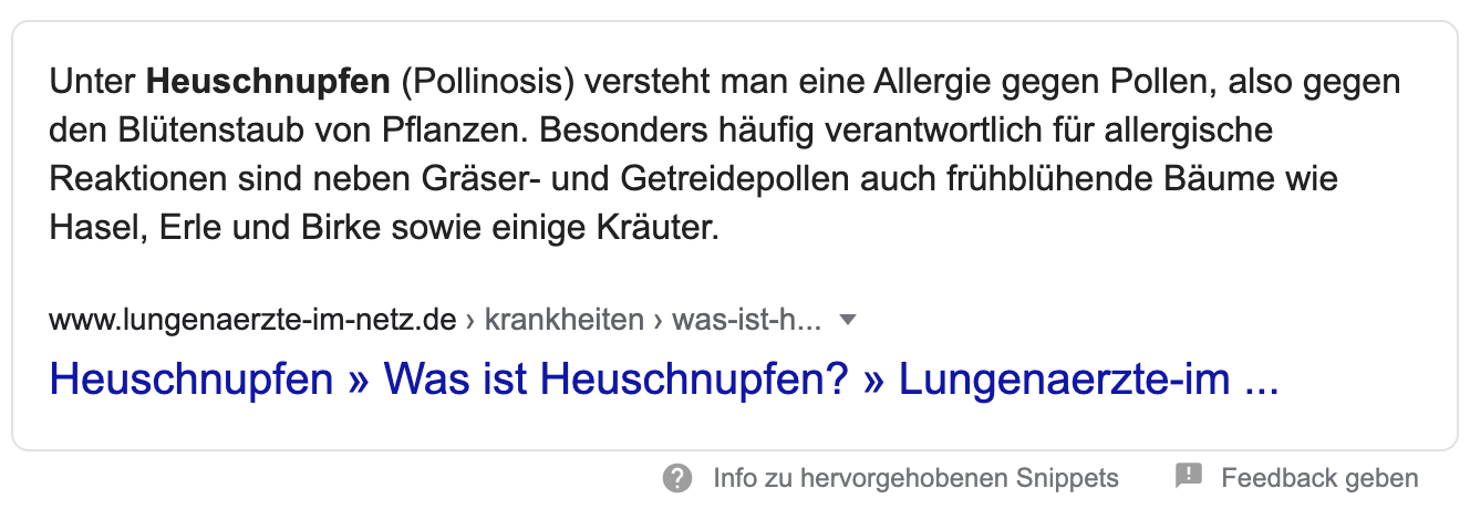 Featured Snippet zur Anfrage Was ist Heuschnupfen