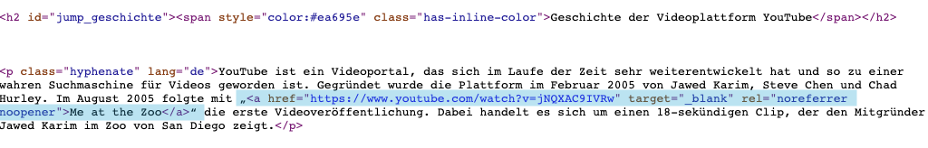 So sieht der Seitenquelltext des Abschnitts Geschichte der Videoplattform YouTube aus