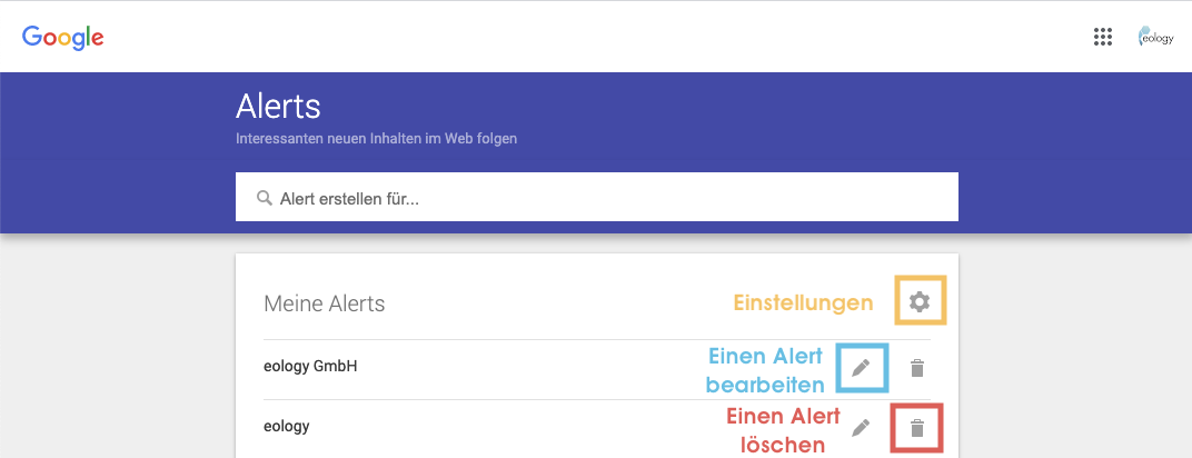 Der Screenshot zeigt Dir eine Übersicht Deiner bereits eingestellten Alerts. Außerdem sind die Funktionen Einstellungen (gelb), Bearbeiten (blau) und Alert löschen (rot) markiert.