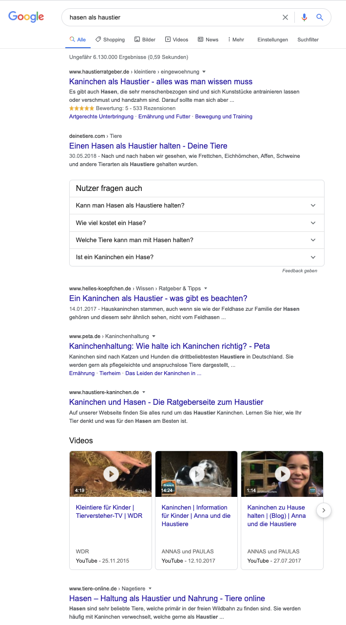 Eine Google Suche nach dem Longtail-Keyword "Hasen als Haustier" hingegen ist schon detaillierter. Dadurch beantworten Dir die Ergebnisse in der Regel auch das, was Du wissen möchtest.