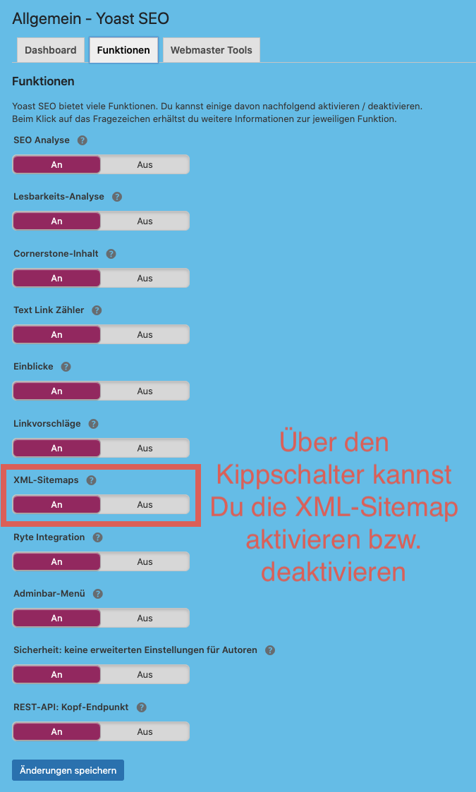 Einblicke in das YoastSEO-Tool: Hier kannst Du über einen Kippschalter ganz einfach die Erstellung der XML-Sitemap aktivieren oder deaktivieren (in der Darstellung rot markiert).