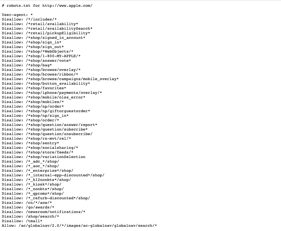 Die XML-Sitemap von Apple findest Du hingegen in der robots.txt von apple.com. Hier sind die Seiten codiert aufgelistet und für den Menschen nicht so problemlos lesbar wie bei der HTML-Sitemap.