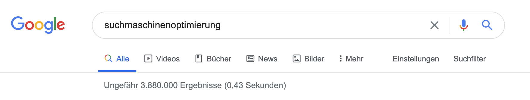 Für das Durchsuchen des Index nach dem Schlagwort Suchmaschinenoptimierung“ benötigt Google nicht mal eine halbe Sekunde und liefert daraufhin knapp 4 Millionen Ergebnisse.