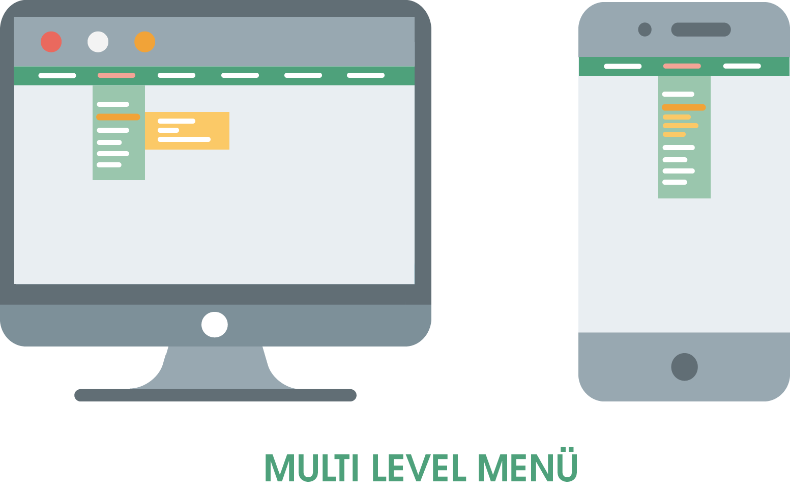 Darstellung eines Multi Level Menüs. Hierbei handelt es sich um eine Mischform aus horizontaler Navigationsleiste und vertikalem Drop Down-Menü. Die Navigation besteht somit aus verschiedenen Ebenen. Ein Beispiel hierfür sind Onlineshops für Bekleidung. Die Oberkategorie im horizontalen Menü könnte hier "Damen" sein. Die Unterkategorie des ersten Drop Down-Menüs wäre dann wiederum "Kleidung" und die darauf folgende weitere Kategorie könnte "Röcke", "Jeans", "Pullover", etc. sein.