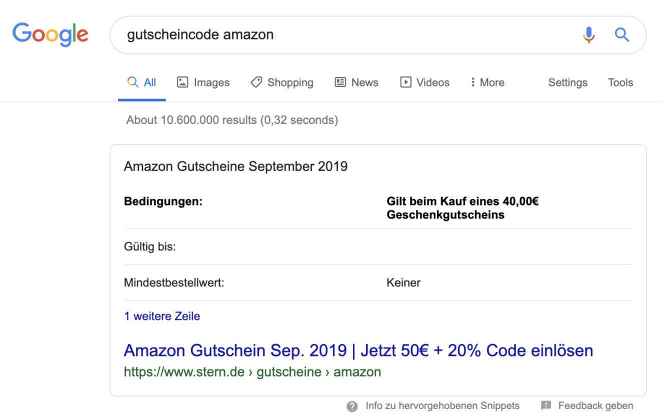 Beispiel eines Tabellen-Featured Snippets