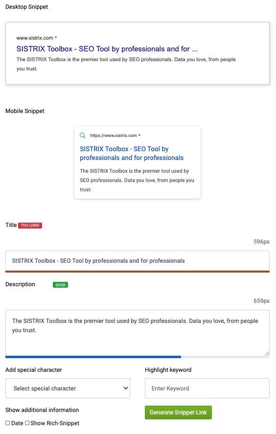 Der SERP Snippet Generator von SISTRIX