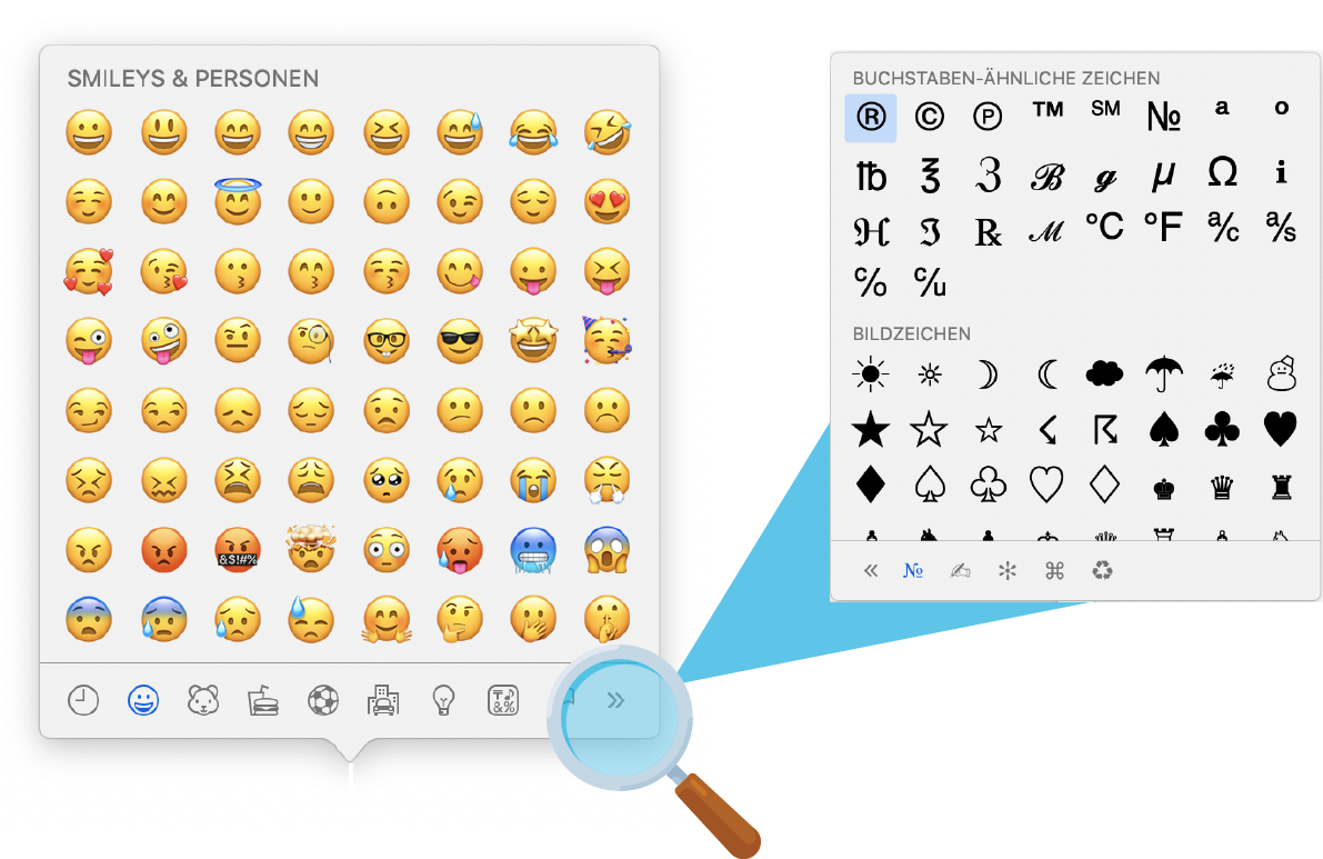 Einfügen von Emojis und Sonderzeichen in das Snippet über Tastenkombinationen