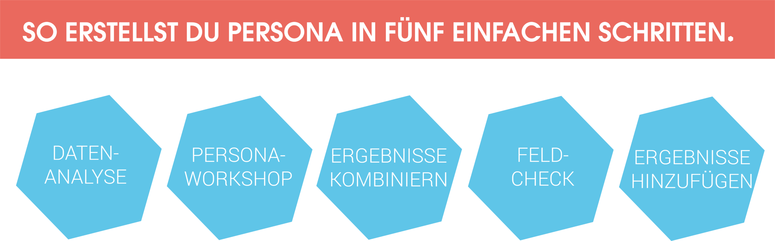 In fünf einfachen Schritten ein Persona-Profil entwickeln:
1. Datenanalyse
2. Persona-Workshop
3. Ergebnisse kombinieren
4. Feld-Check
5. Ergebnisse hinzufügen